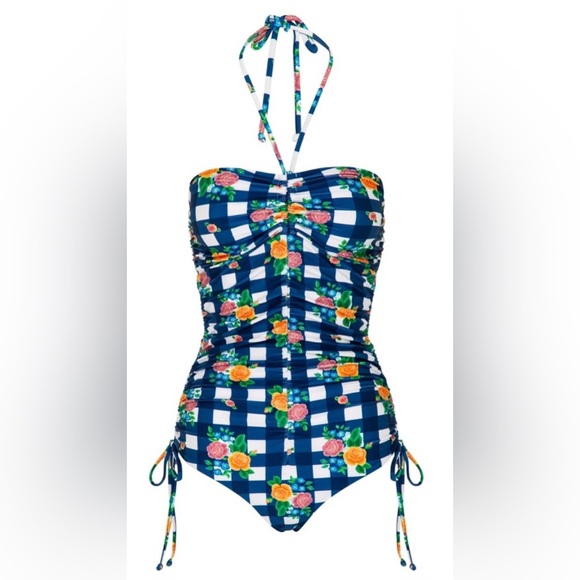 Fillyboo ‼️RARE‼️ Folk Gingham Halter One-Piece Swimsuit Floral NWT